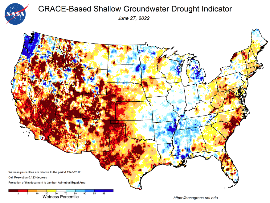 A map showing groundwater drop indicators around the US.